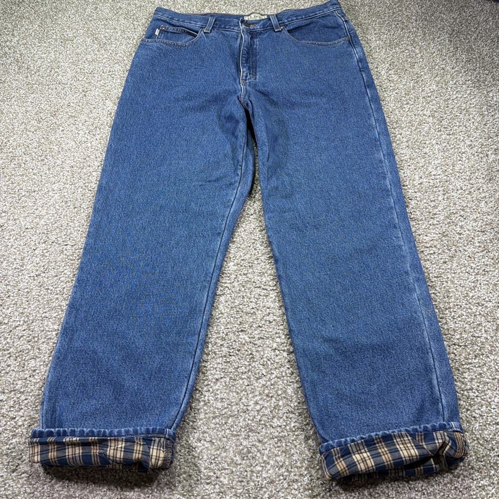 Men's LL Bean Dark Wash Jeans Plaid Lined Classic Fit 36/30 High Rise Dad Jean